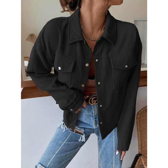 Flap Pocket Button Front Corduroy Jacket boyfriend shacket cream - Picture 6 of 13